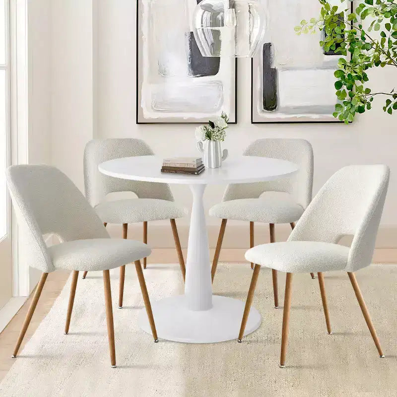 35 Round Dining Table Set for 4, White Pedestal Table and Boucle Upholstered Chairs with Metal Legs, Ideal for Small Spaces-Panipeachy