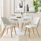 35 Round Dining Table Set for 4, White Pedestal Table and Boucle Upholstered Chairs with Metal Legs, Ideal for Small Spaces-Panipeachy