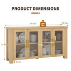 Bahut de rangement, Buffet de salle à manger/crédence de 150 cm avec portes en verre trempé, Table de buffet en bois pour salon, salle à manger, cuisine