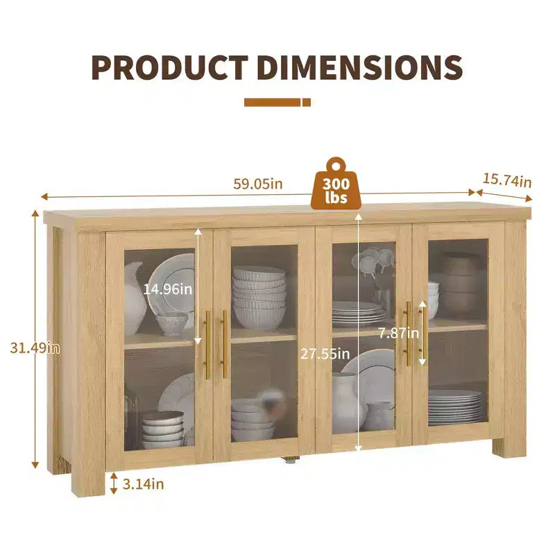 Bahut de rangement, Buffet de salle à manger/crédence de 150 cm avec portes en verre trempé, Table de buffet en bois pour salon, salle à manger, cuisine