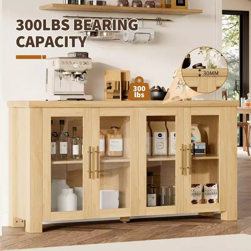 Bahut de rangement, Buffet de salle à manger/crédence de 150 cm avec portes en verre trempé, Table de buffet en bois pour salon, salle à manger, cuisine