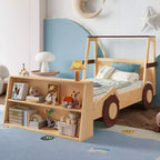 Lit de voiture double avec étagères de rangement, lit plateforme en bois en forme de voiture pour enfants