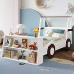 Lit de voiture double avec étagères de rangement, lit plateforme en bois en forme de voiture pour enfants
