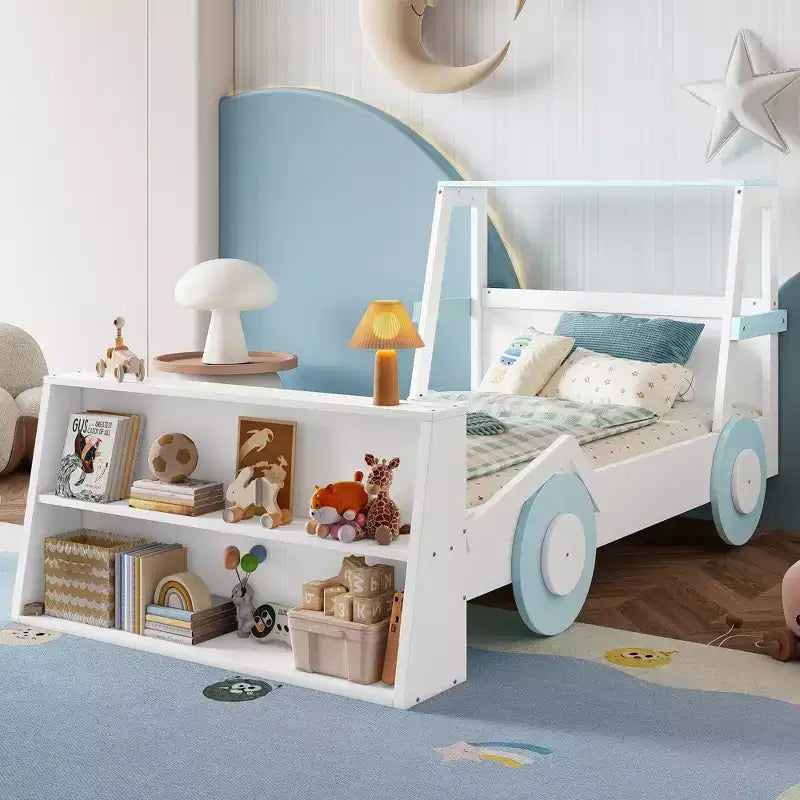 Lit de voiture double avec étagères de rangement, lit plateforme en bois en forme de voiture pour enfants