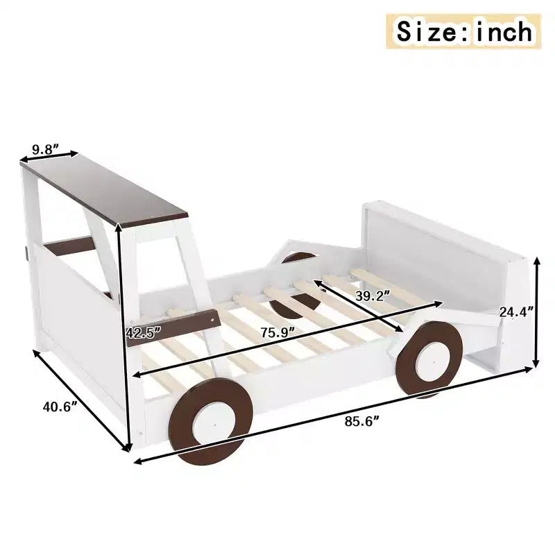 Lit de voiture double avec étagères de rangement, lit plateforme en bois en forme de voiture pour enfants