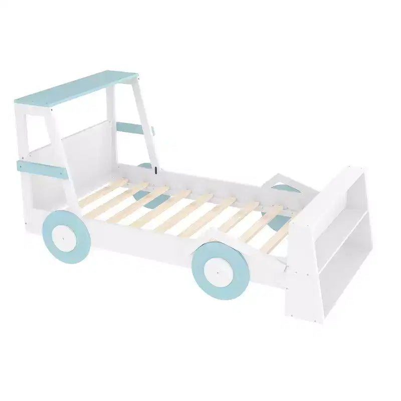 Lit de voiture double avec étagères de rangement, lit plateforme en bois en forme de voiture pour enfants
