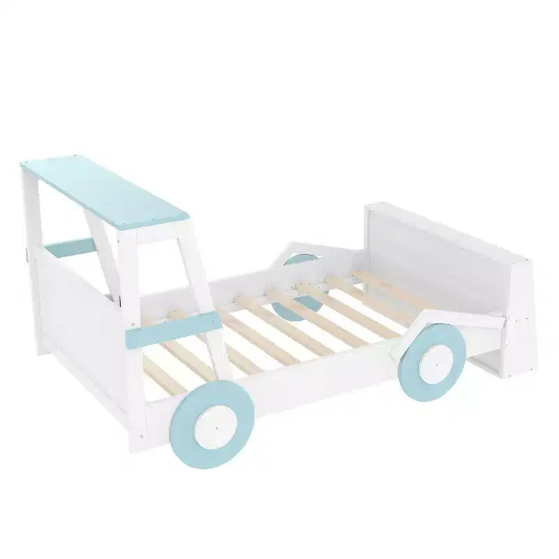 Lit de voiture double avec étagères de rangement, lit plateforme en bois en forme de voiture pour enfants