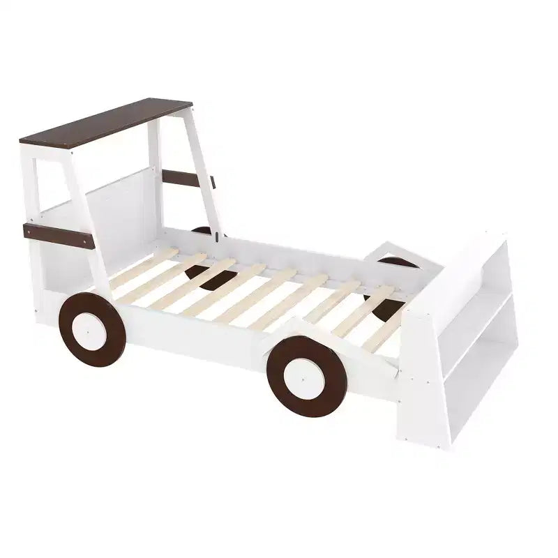 Lit de voiture double avec étagères de rangement, lit plateforme en bois en forme de voiture pour enfants