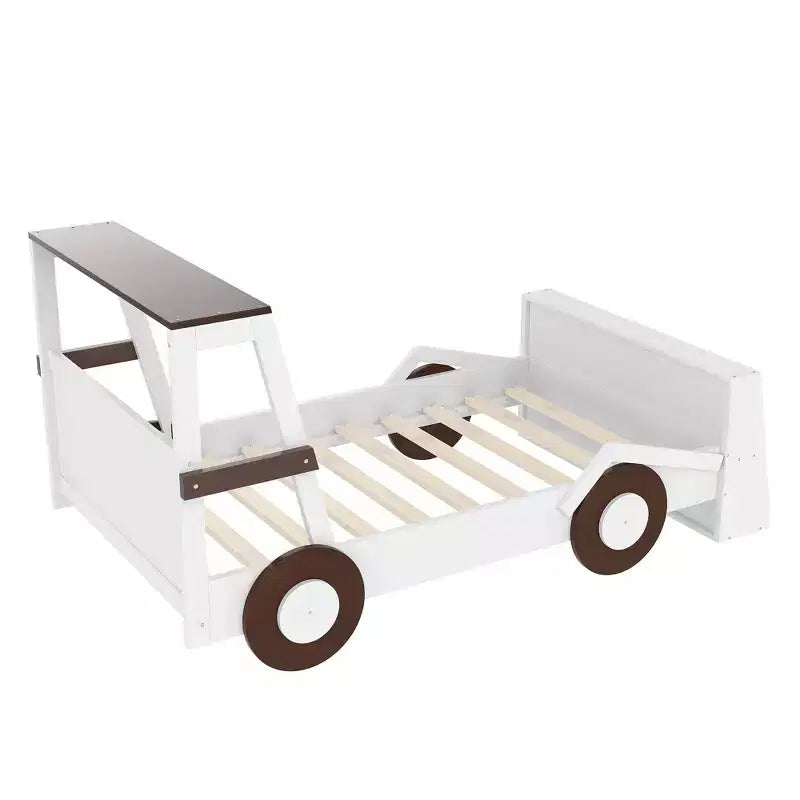 Lit de voiture double avec étagères de rangement, lit plateforme en bois en forme de voiture pour enfants