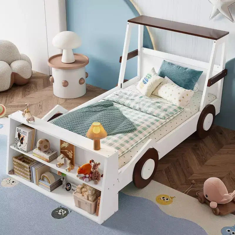 Twin Size Car Bed with Storage Shelves, Wood Platform Bed with Car-shape for Kids