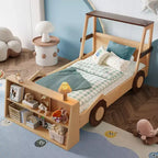 Lit de voiture double avec étagères de rangement, lit plateforme en bois en forme de voiture pour enfants