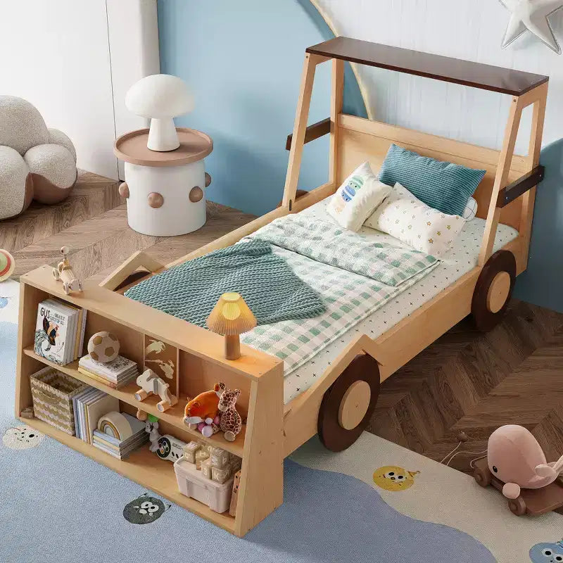 Lit de voiture double avec étagères de rangement, lit plateforme en bois en forme de voiture pour enfants