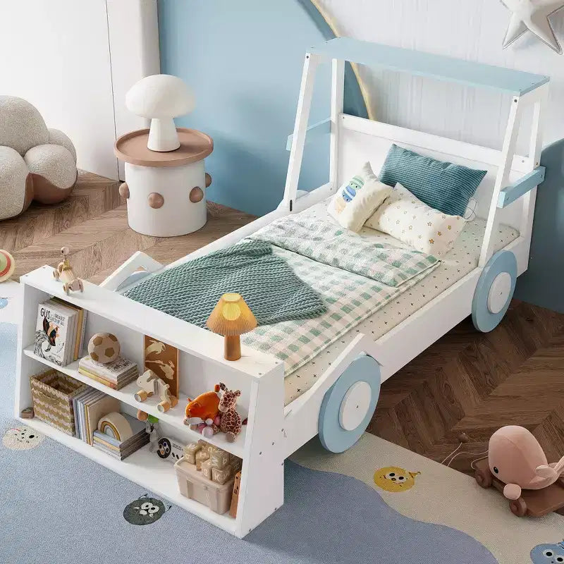Lit de voiture double avec étagères de rangement, lit plateforme en bois en forme de voiture pour enfants