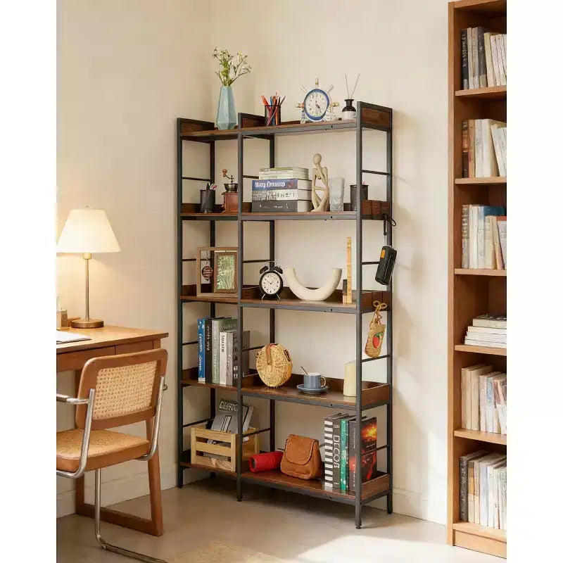 Étagère à 5 niveaux avec 4 crochets, étagère d'angle réversible, bibliothèque industrielle en bois de 165 cm avec étagères ouvertes et cadre métallique pour salon, chambre à coucher