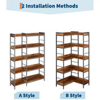Étagère à 5 niveaux avec 4 crochets, étagère d'angle réversible, bibliothèque industrielle en bois de 165 cm avec étagères ouvertes et cadre métallique pour salon, chambre à coucher