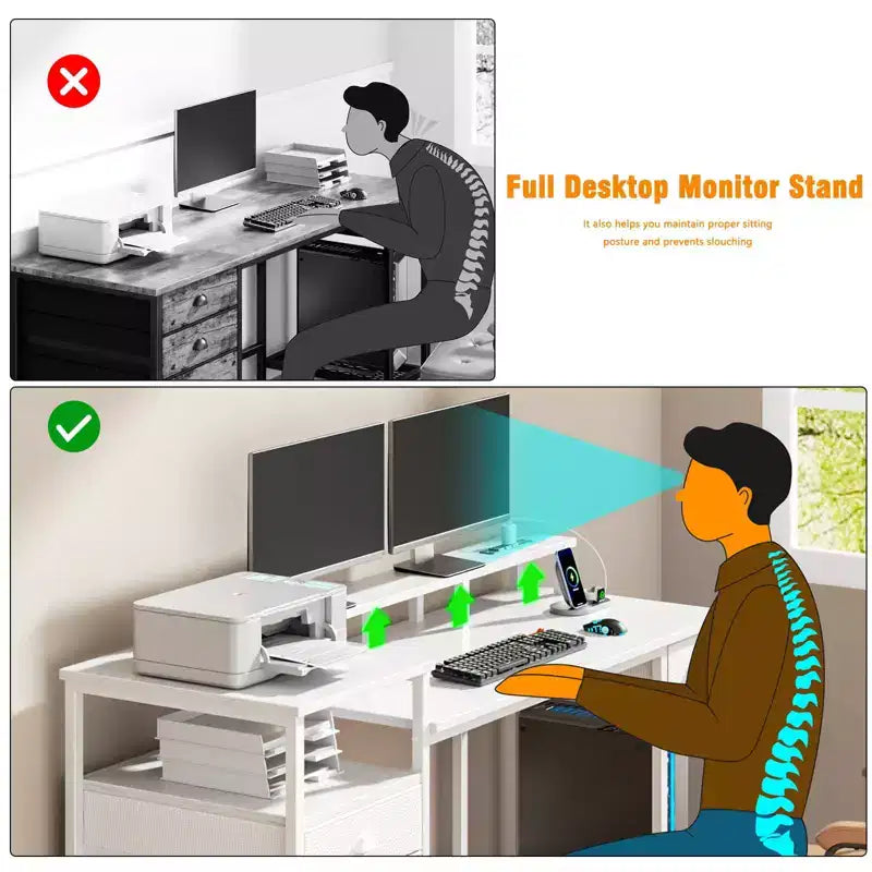 Bureau d'ordinateur blanc de 152 cm avec station de charge, bureau de jeu avec lumières LED, 4 tiroirs, classeur de rangement, table de travail pour bureau à domicile, étude moderne de chambre.