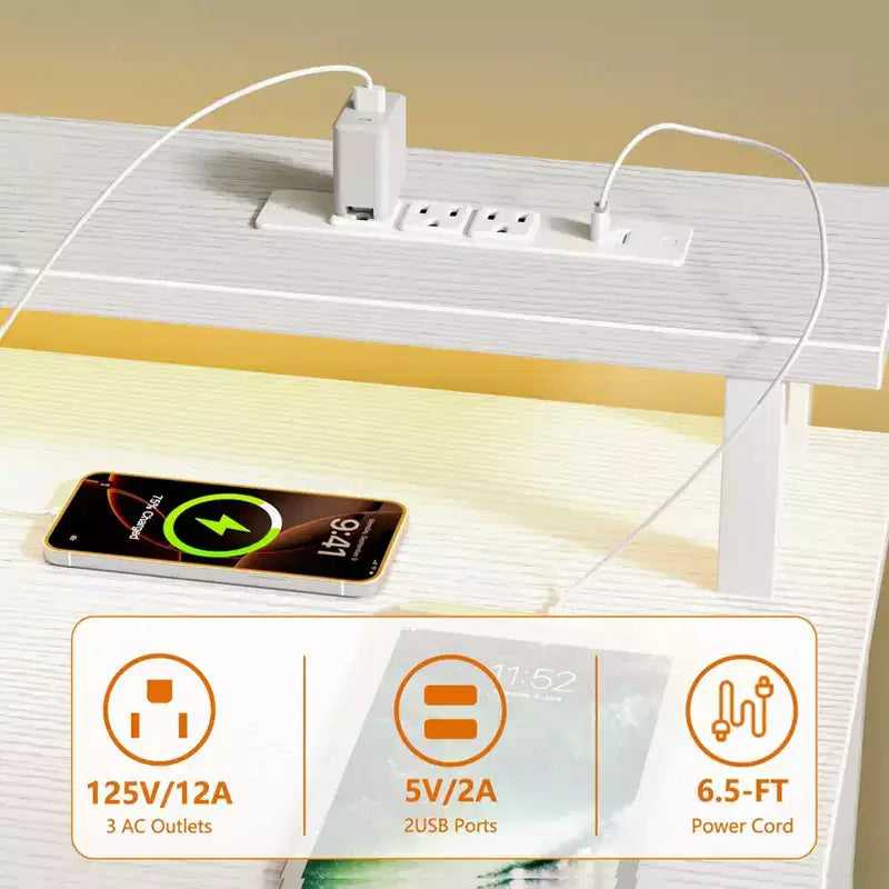Bureau d'ordinateur blanc de 152 cm avec station de charge, bureau de jeu avec lumières LED, 4 tiroirs, classeur de rangement, table de travail pour bureau à domicile, étude moderne de chambre.