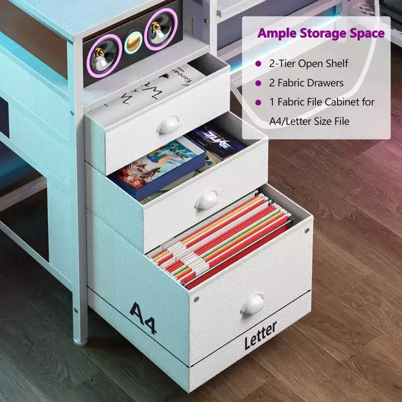 Bureau d'ordinateur blanc de 152 cm avec station de charge, bureau de jeu avec lumières LED, 4 tiroirs, classeur de rangement, table de travail pour bureau à domicile, étude moderne de chambre.