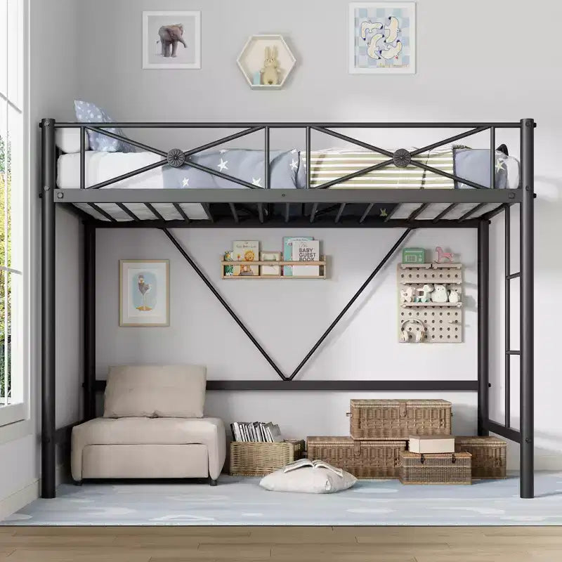 Lit mezzanine double en métal, lits mezzanines modernes robustes avec barrières de sécurité et design peu encombrant, lits mezzanines jumeaux en acier pour école, chambre à coucher