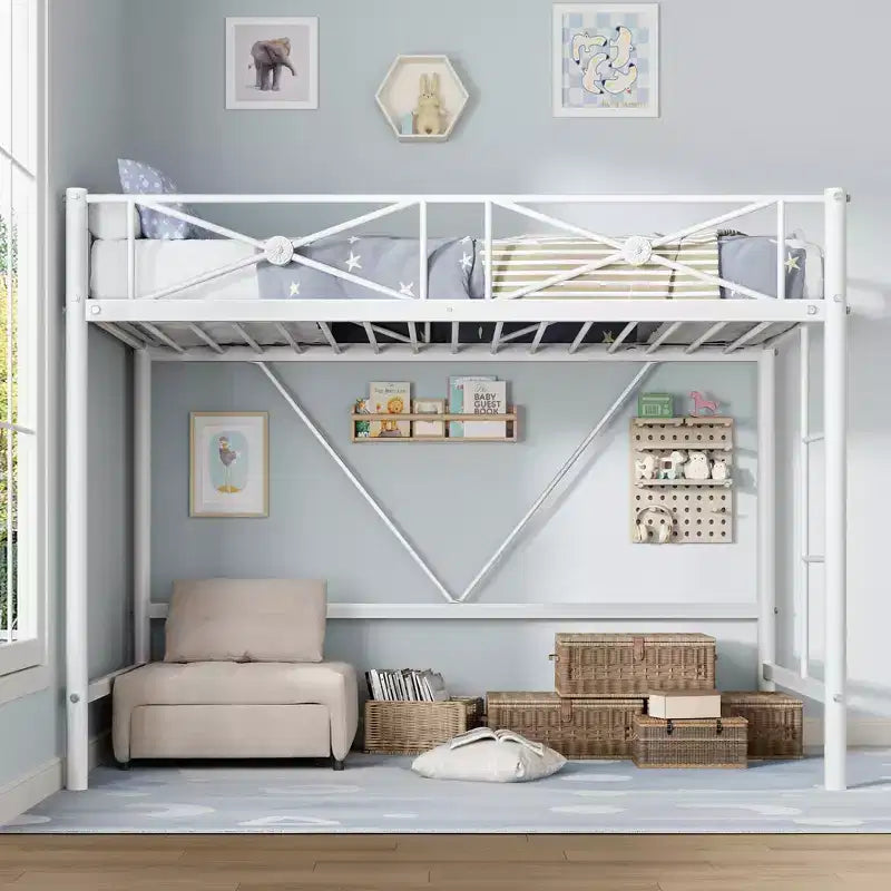 Lit mezzanine double en métal, lits mezzanines modernes robustes avec barrières de sécurité et design peu encombrant, lits mezzanines jumeaux en acier pour école, chambre à coucher