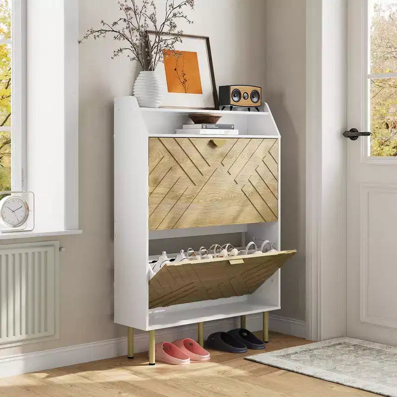 Meuble à chaussures étroit avec 2 tiroirs, Meuble à chaussures mince autoportant pour entrée, Étagère de rangement à chaussures cachée avec étagère supérieure