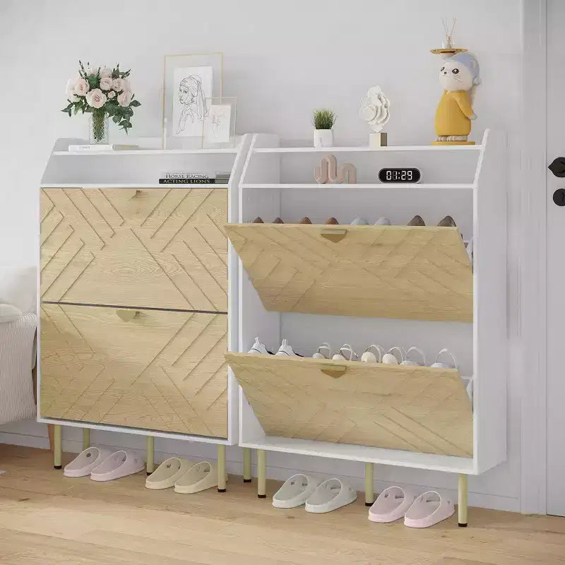 Meuble à chaussures étroit avec 2 tiroirs, Meuble à chaussures mince autoportant pour entrée, Étagère de rangement à chaussures cachée avec étagère supérieure