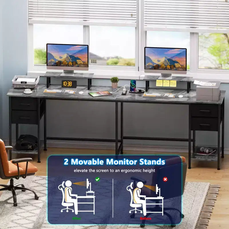 Qwatto Bureau d'angle en forme de L gris de 150 cm avec station de charge, bureau de jeu pour deux personnes, 4 tiroirs, 2 supports d'écran, poste de travail de bureau à domicile