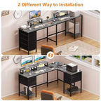 Qwatto Bureau d'angle en forme de L gris de 150 cm avec station de charge, bureau de jeu pour deux personnes, 4 tiroirs, 2 supports d'écran, poste de travail de bureau à domicile