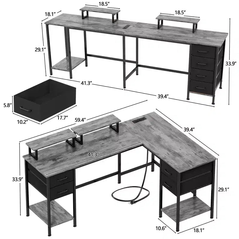 Qwatto Bureau d'angle en forme de L gris de 150 cm avec station de charge, bureau de jeu pour deux personnes, 4 tiroirs, 2 supports d'écran, poste de travail de bureau à domicile