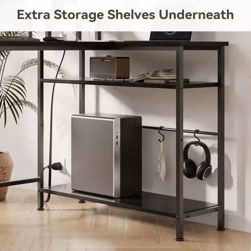 Bureau d'ordinateur noir en forme de L de 47 pouces avec station de charge, bureau de jeu réversible, lumières LED, classeur, support d'écran, étagères de rangement pour bureau à domicile