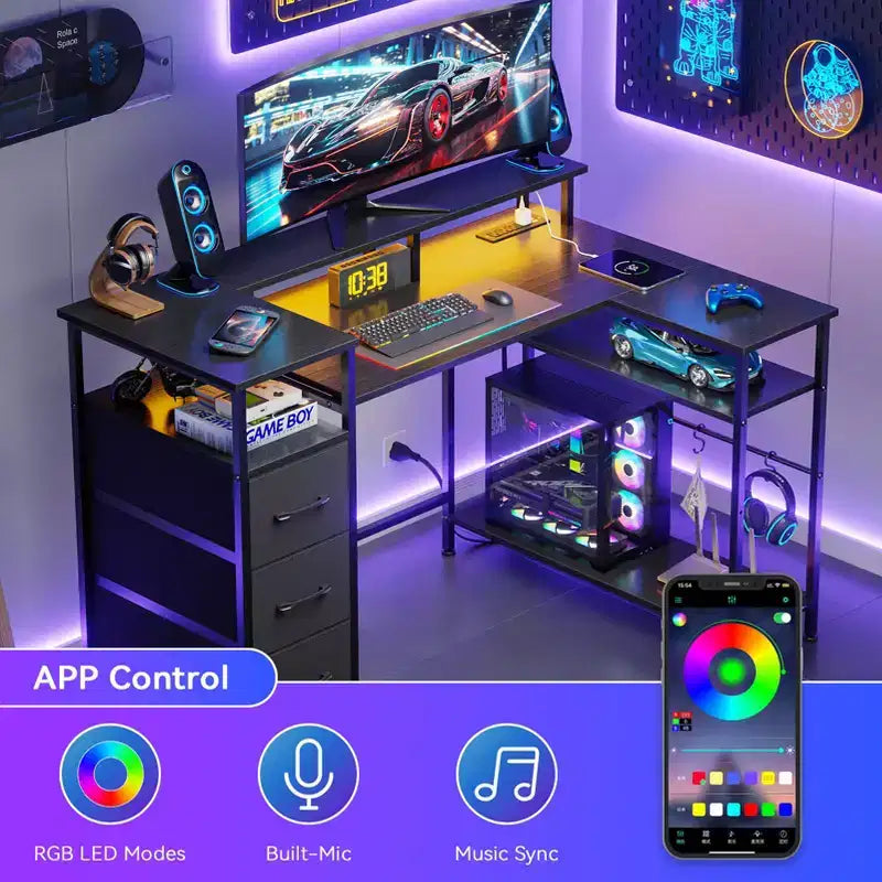 Bureau d'ordinateur noir en forme de L de 47 pouces avec station de charge, bureau de jeu réversible, lumières LED, classeur, support d'écran, étagères de rangement pour bureau à domicile