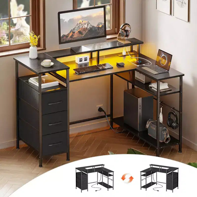 Bureau d'ordinateur noir en forme de L de 47 pouces avec station de charge, bureau de jeu réversible, lumières LED, classeur, support d'écran, étagères de rangement pour bureau à domicile