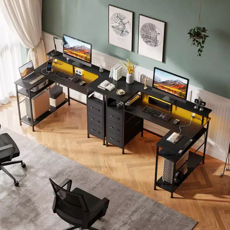 Bureau d'ordinateur noir en forme de L de 47 pouces avec station de charge, bureau de jeu réversible, lumières LED, classeur, support d'écran, étagères de rangement pour bureau à domicile