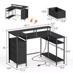 Bureau d'ordinateur noir en forme de L de 47 pouces avec station de charge, bureau de jeu réversible, lumières LED, classeur, support d'écran, étagères de rangement pour bureau à domicile