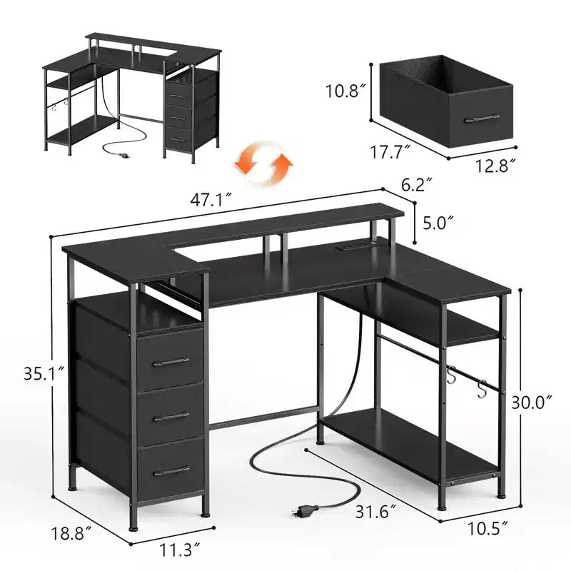 Bureau d'ordinateur noir en forme de L de 47 pouces avec station de charge, bureau de jeu réversible, lumières LED, classeur, support d'écran, étagères de rangement pour bureau à domicile