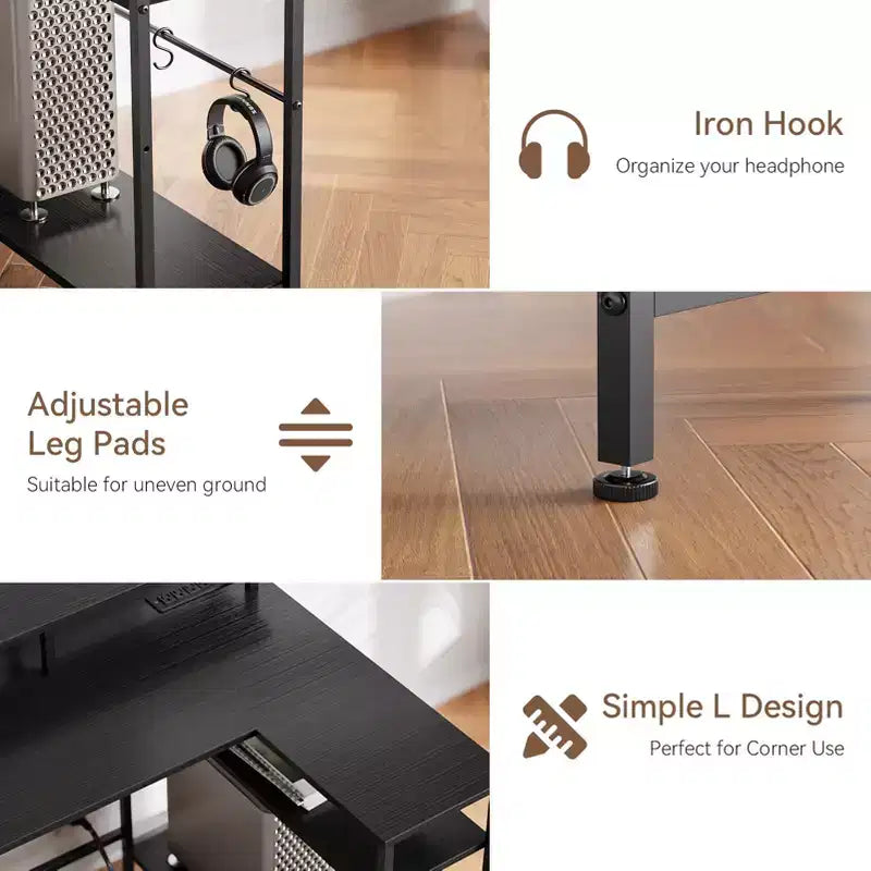 Bureau d'ordinateur noir en forme de L de 47 pouces avec station de charge, bureau de jeu réversible, lumières LED, classeur, support d'écran, étagères de rangement pour bureau à domicile