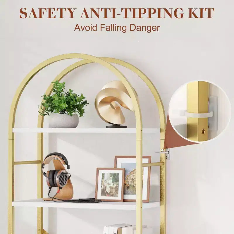 Étagère à livres arquée Celebalcony à 5 niveaux pour CD/livres, étagère de rangement pour bureau à domicile, bibliothèque moderne pour salon, dorée