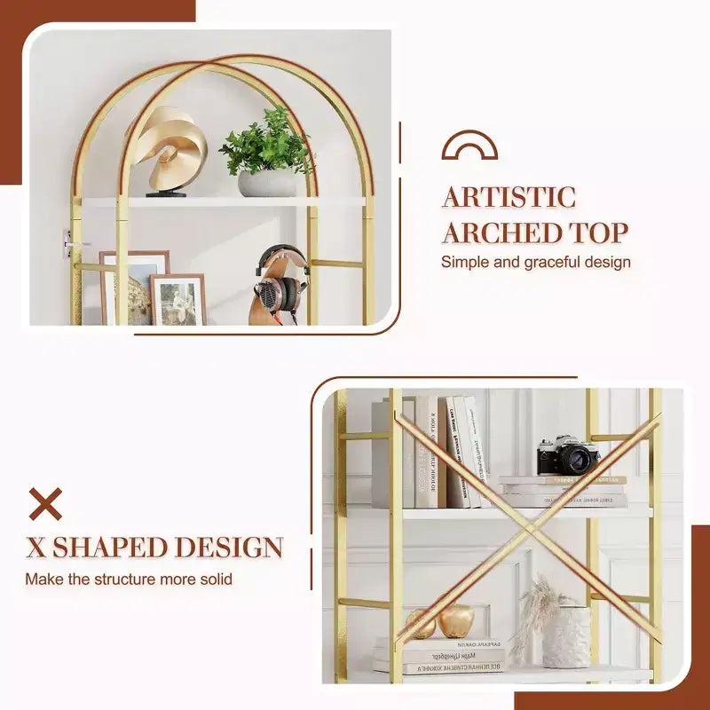 Étagère à livres arquée Celebalcony à 5 niveaux pour CD/livres, étagère de rangement pour bureau à domicile, bibliothèque moderne pour salon, dorée