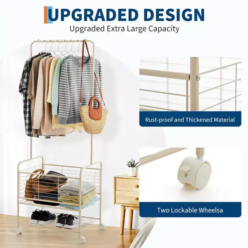Portant à vêtements avec panier à linge, panier à linge roulant en métal, étendoir à linge sur roulettes, avec panier de rangement et étagère, adapté aux appartements