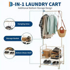 Portant à vêtements avec panier à linge, panier à linge roulant en métal, étendoir à linge sur roulettes, avec panier de rangement et étagère, adapté aux appartements