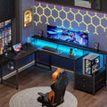 Qwatto 66 Inch Black L Shaped Computer Desk with Charging Station Reversible Gaming Desk LED Lights 2 Drawers Monitor Stand Storage Home Office