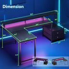 Qwatto Bureau d'angle en L noir de 66 pouces avec station de charge, bureau de jeu réversible, lumières LED, 2 tiroirs, support d'écran, rangement, pour bureau à domicile