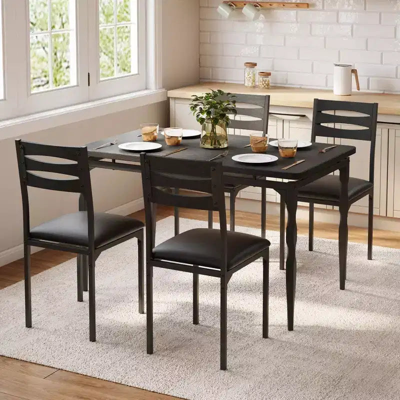 Ensemble Table et Chaises de Salle à Manger, Table de Cuisine Rectangulaire Compacte avec 4 Chaises, Cadre en Métal, Coussins Moelleux, pour Salle à Manger, Cuisine, Appartement