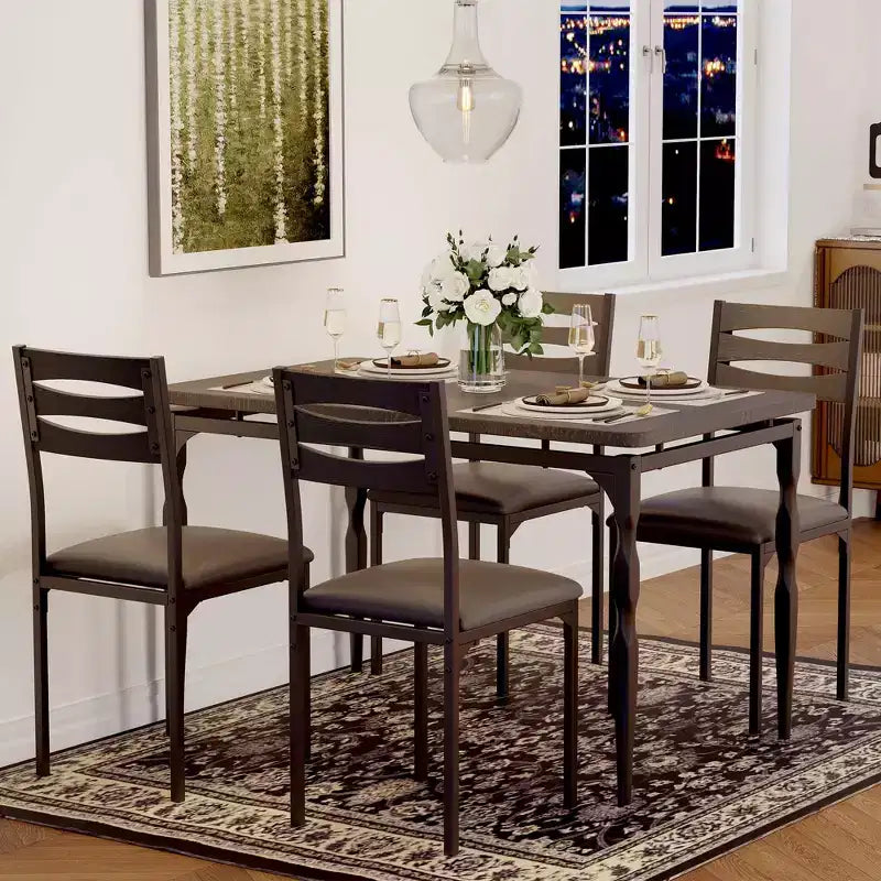 Ensemble Table et Chaises de Salle à Manger, Table de Cuisine Rectangulaire Compacte avec 4 Chaises, Cadre en Métal, Coussins Moelleux, pour Salle à Manger, Cuisine, Appartement