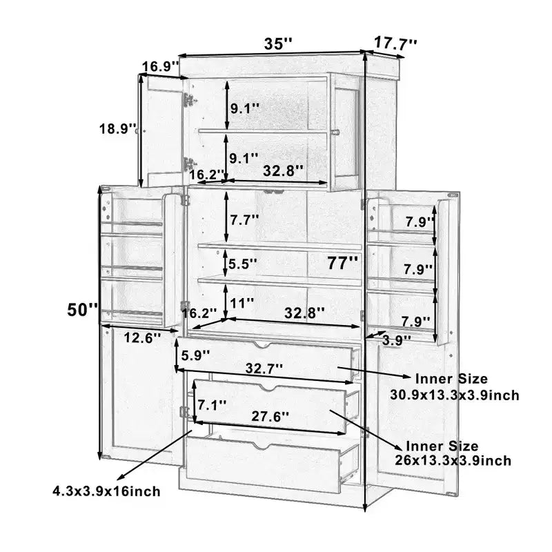 Garde-manger de cuisine autoportant Whisen de 77 po de hauteur, grand buffet de rangement pour salle à manger avec étagères de porte, étagères réglables