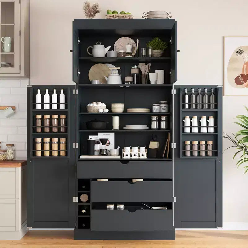 Garde-manger de cuisine autoportant Whisen de 77 po de hauteur, grand buffet de rangement pour salle à manger avec étagères de porte, étagères réglables