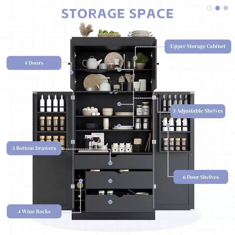 Garde-manger de cuisine autoportant Whisen de 77 po de hauteur, grand buffet de rangement pour salle à manger avec étagères de porte, étagères réglables