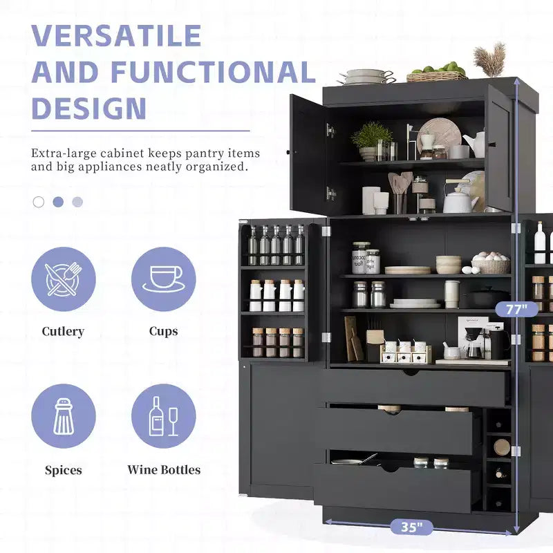 Garde-manger de cuisine autoportant Whisen de 77 po de hauteur, grand buffet de rangement pour salle à manger avec étagères de porte, étagères réglables