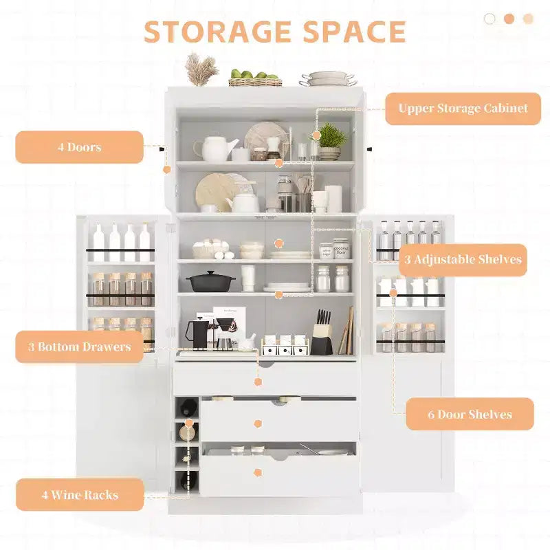 Garde-manger de cuisine autoportant Whisen de 77 po de hauteur, grand buffet de rangement pour salle à manger avec étagères de porte, étagères réglables