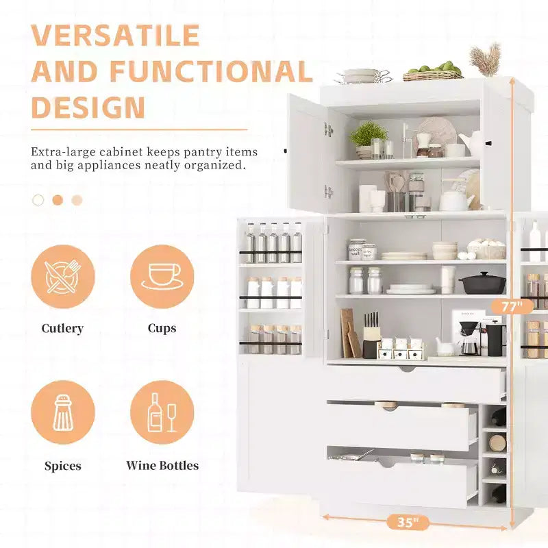 Garde-manger de cuisine autoportant Whisen de 77 po de hauteur, grand buffet de rangement pour salle à manger avec étagères de porte, étagères réglables